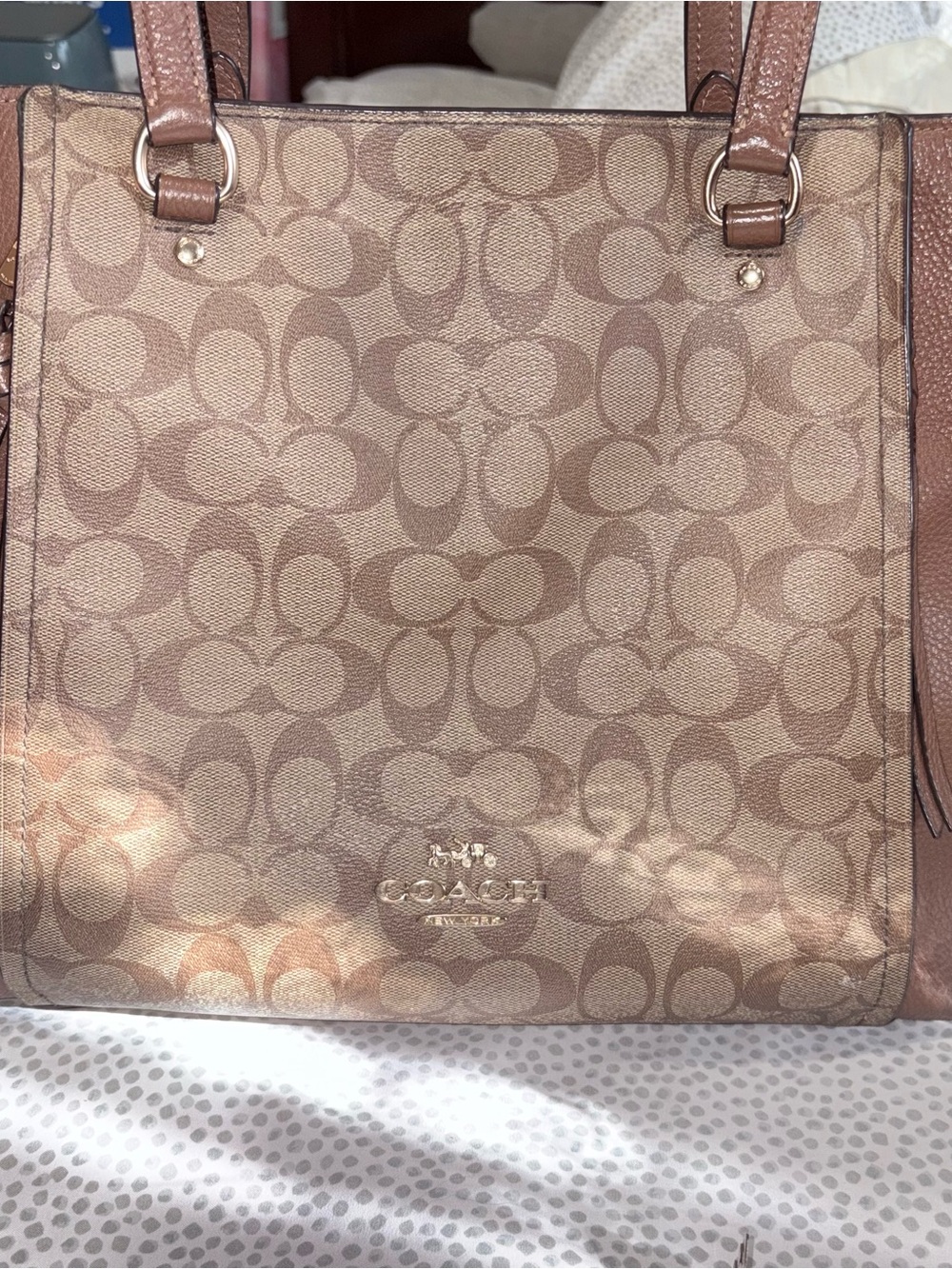 Coach Brown & Gold Signature Canvas Tote with Leather Trim - Picture 14 of 15